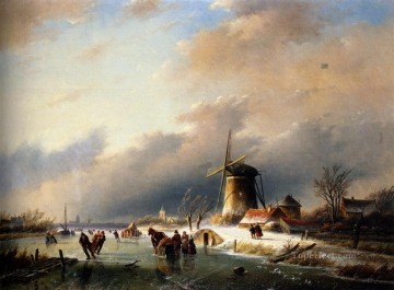  river Oil Painting - Figures Skating on a Frozen River landscape Jan Jacob Coenraad Spohler